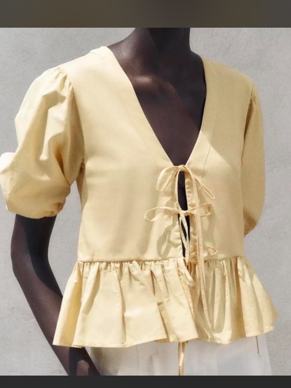 Zara Light Yellow Tie-Front Peplum Top - Women